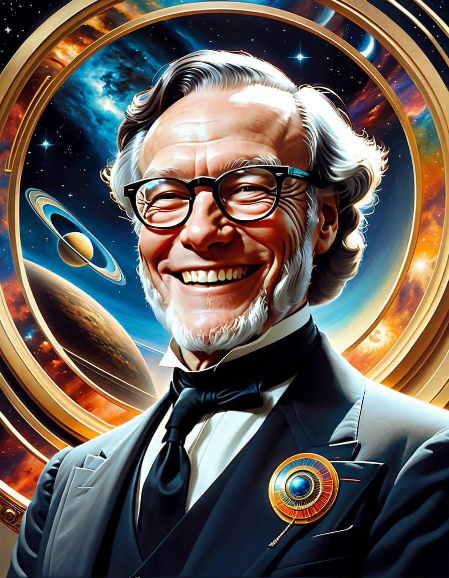 Isaac Asimov Smiling in Cosmic Renaissance Style