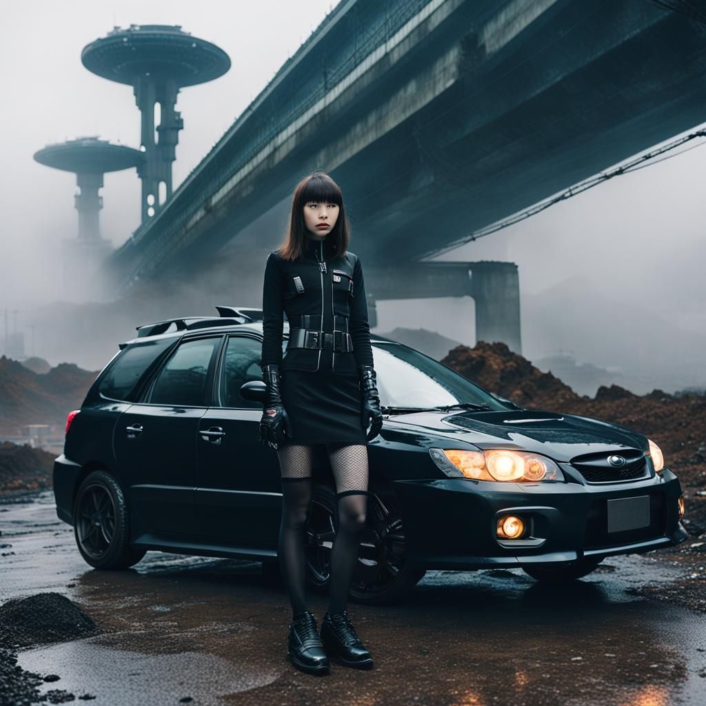 Cyberpunk Girl with Subaru Impreza in Sci-Fi City