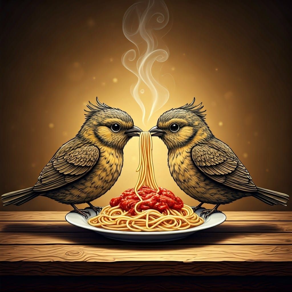 Quirky Birds Share Spaghetti in Dreamy, Whimsical Scene