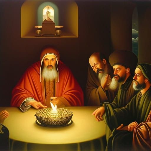 Mystical Dinner Meeting in Religious Fantasy Oil Painting