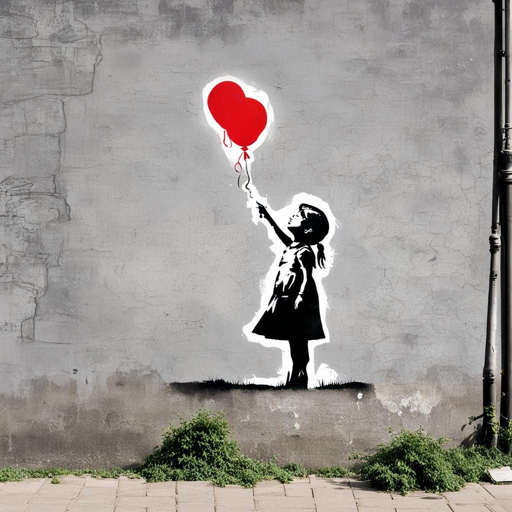 Girl with Red Balloon in Street Art Style