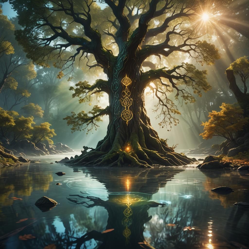 Mystical Tree with Glowing Runes by River