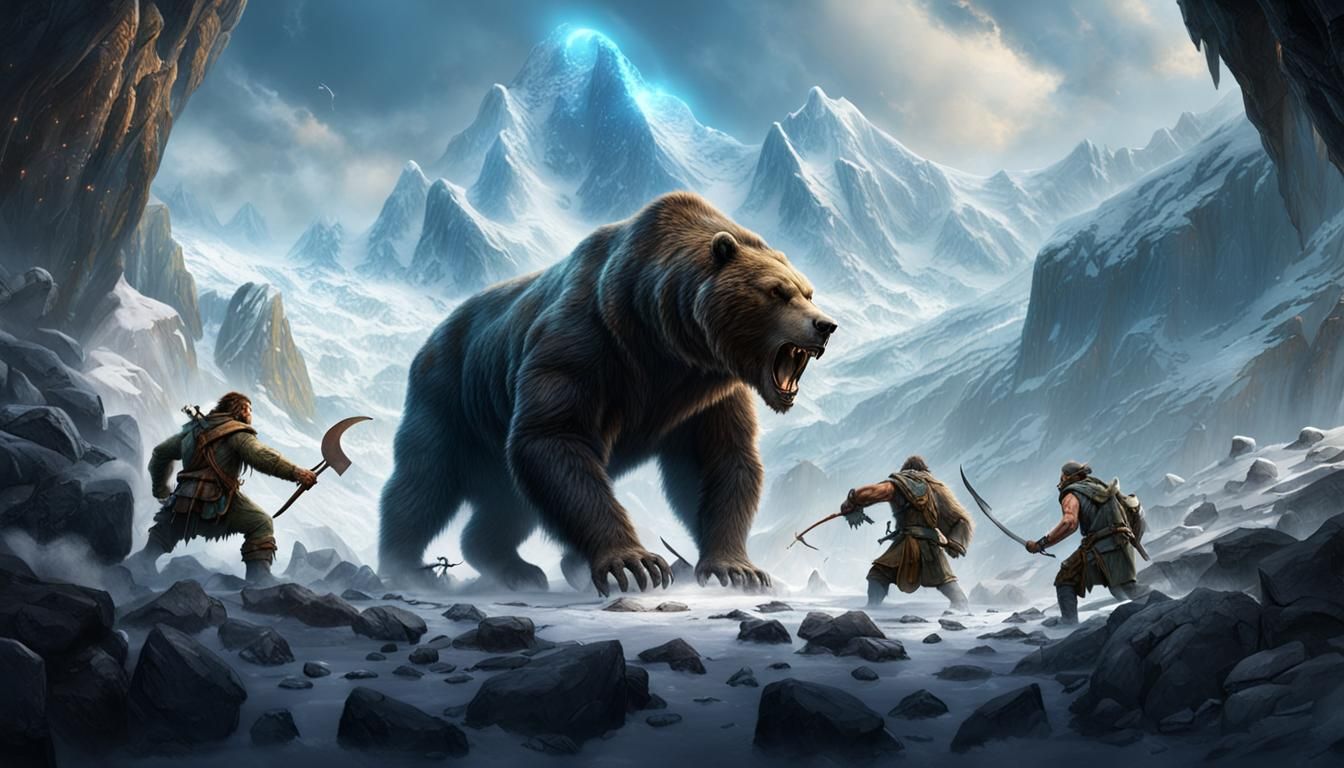 Prehistoric Hunters Clash with Cave Bear Near Glaciers