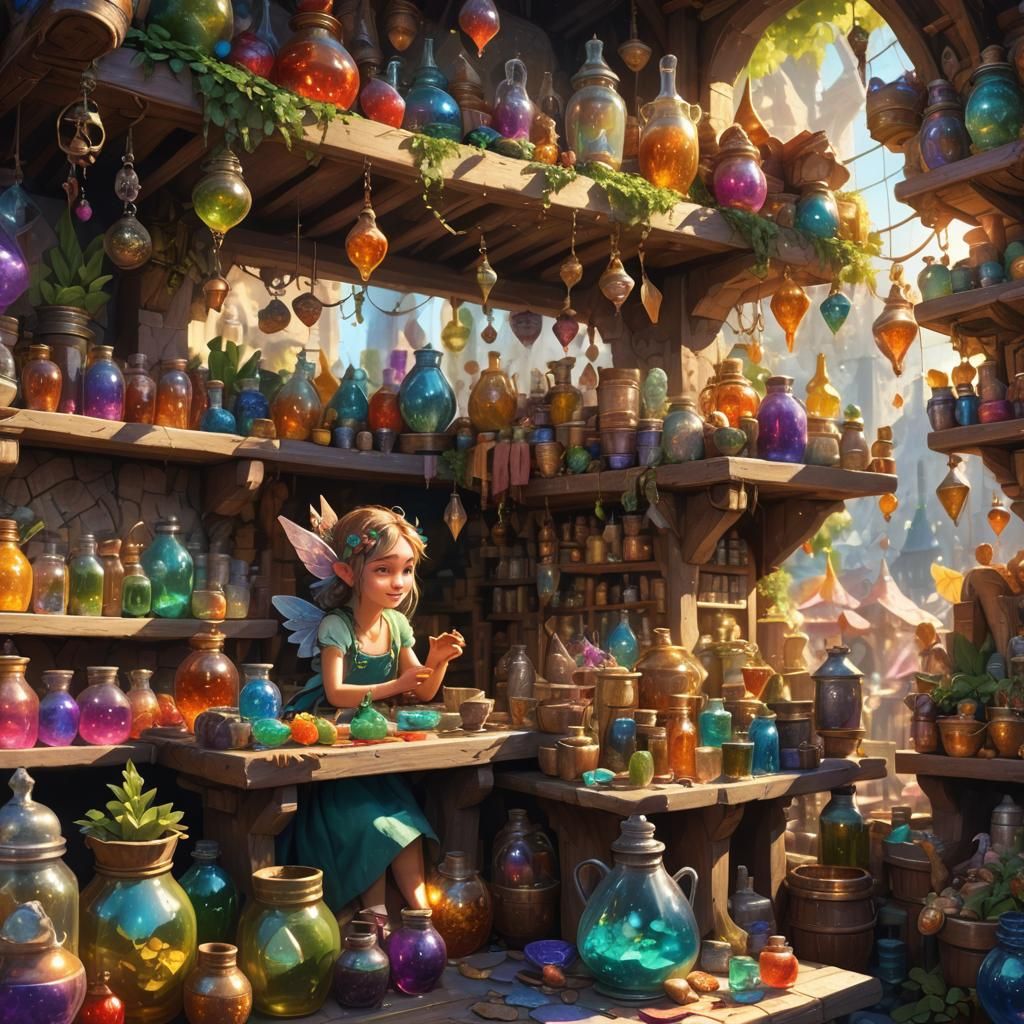 Bustling Fantasy Market with Fairy in Detailed Concept Art
