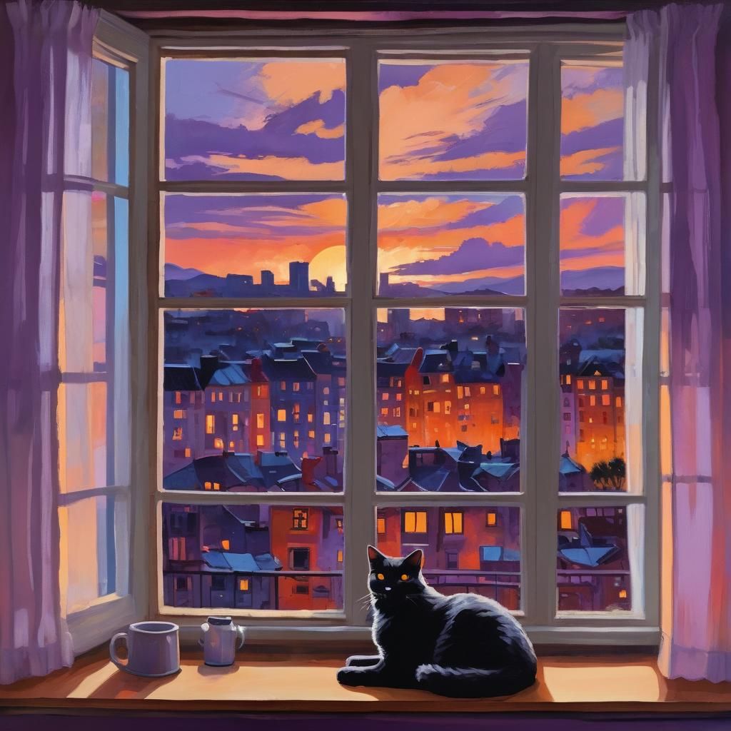 Cat Silhouette at Sunset: Expressionist Oil Painting