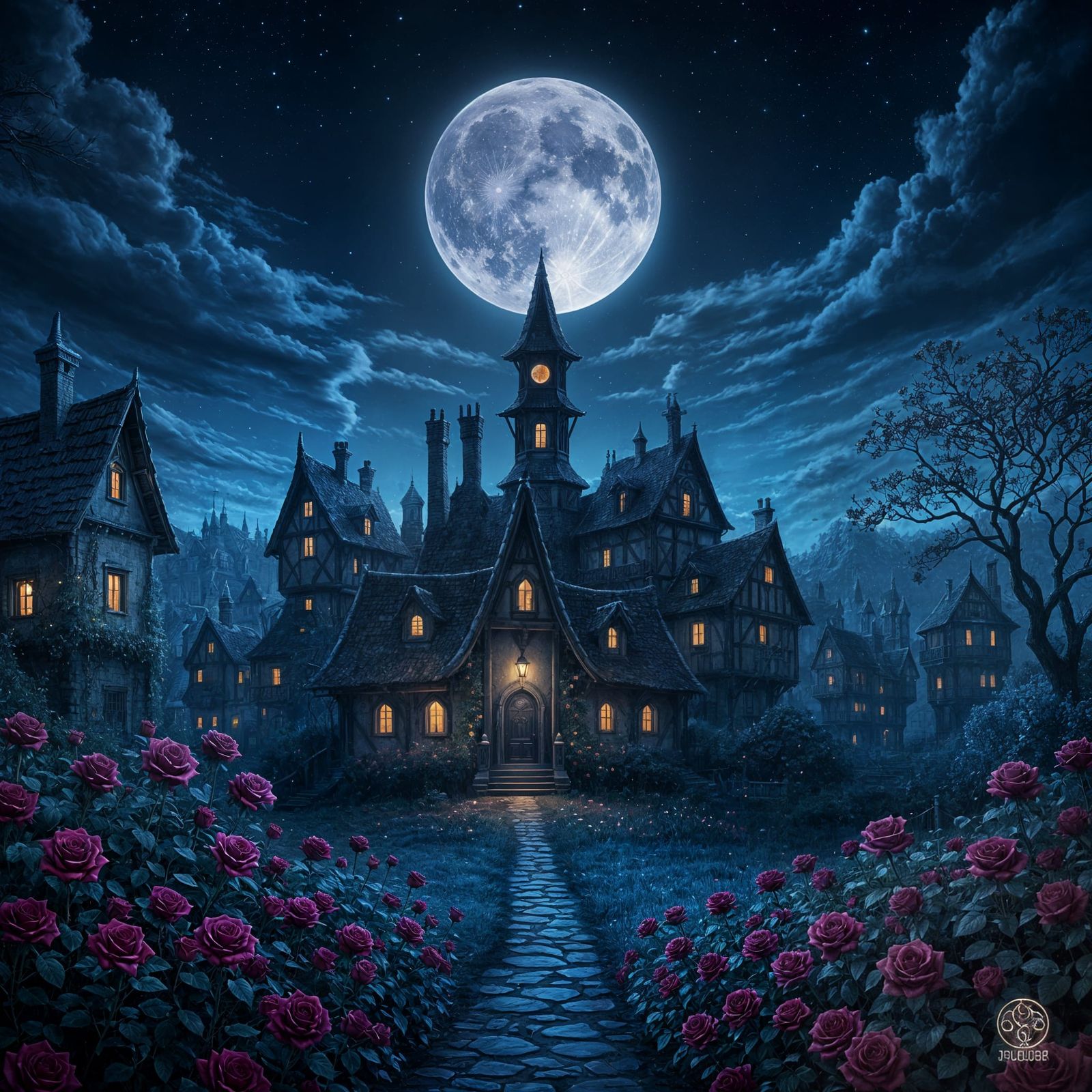 Creepy Rose Garden Under Blood Moon