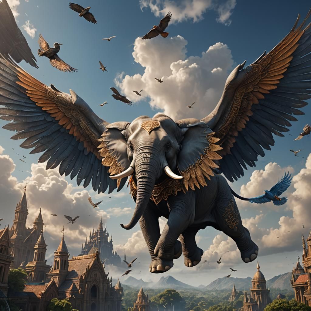 Winged Elephant Soaring: Fantasy Concept Art