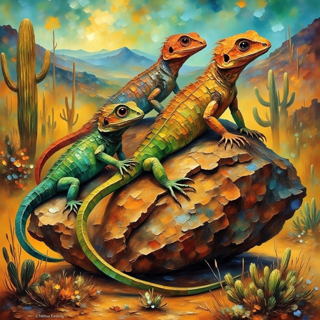 Vibrant Lizards Perched on a Rough Desert Rock