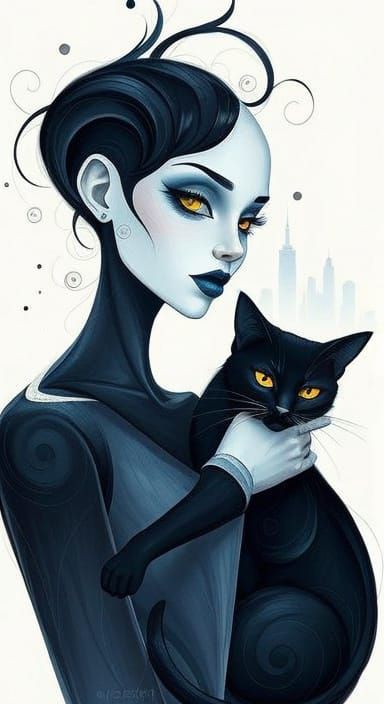 Abstract Woman with Black Cat in Surreal Style