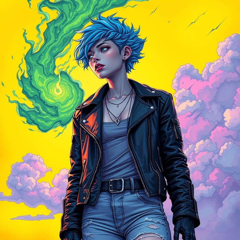 Cyborg Witch Gazing at Fire Spirit in Neo-Fantasy Style