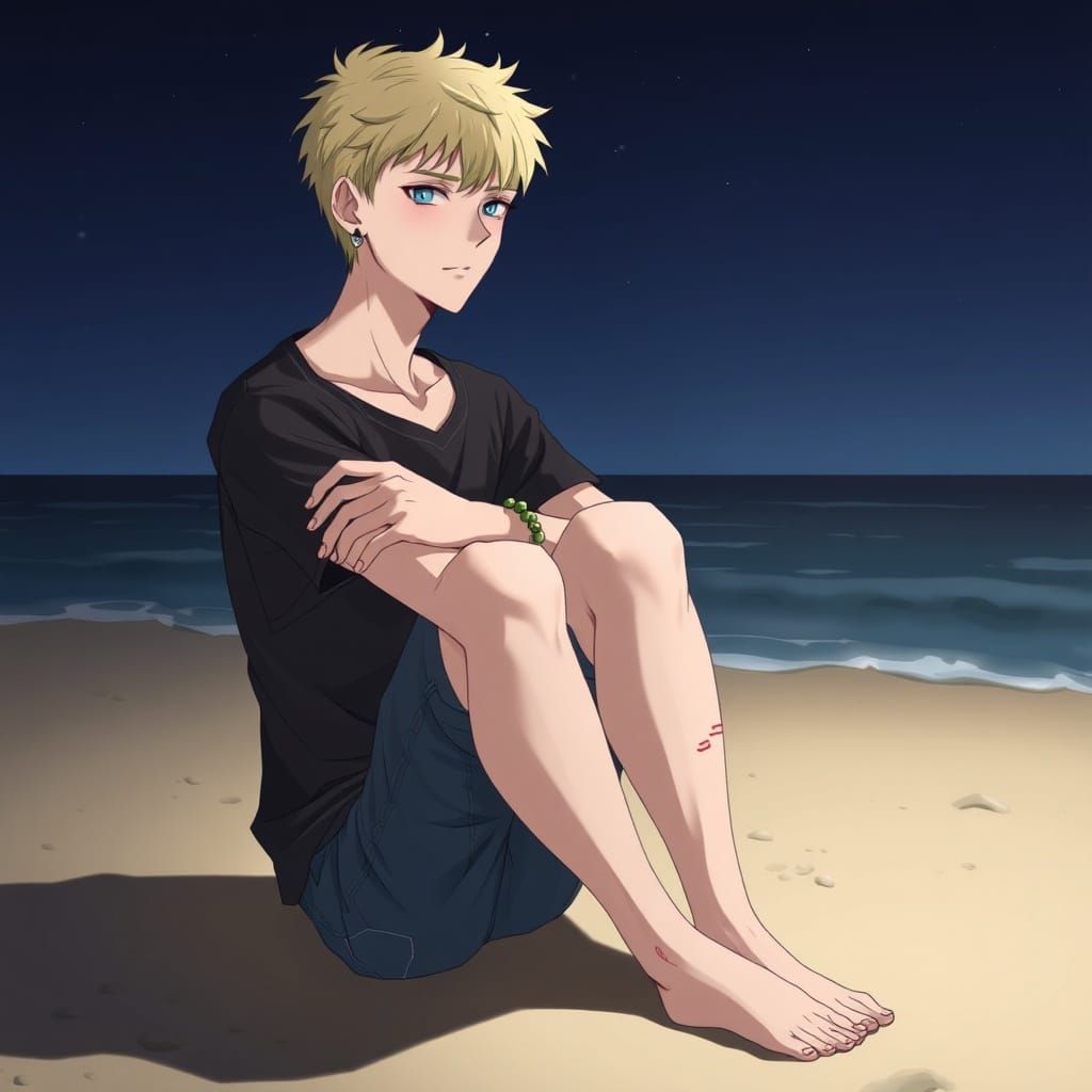 Sad Teen on Beach at Night in Anime Style