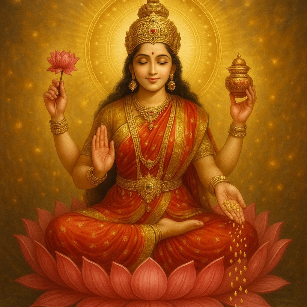 Hindu Goddess Lakshmi Seated on Lotus with Divine Lights