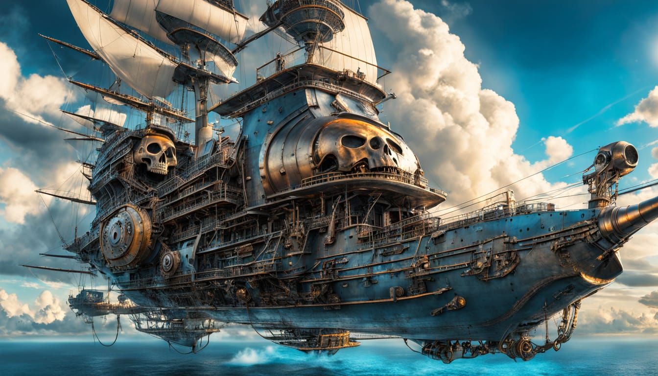 Steampunk SkyRaider: Futuristic Pirate Ship in Atmospheric F...