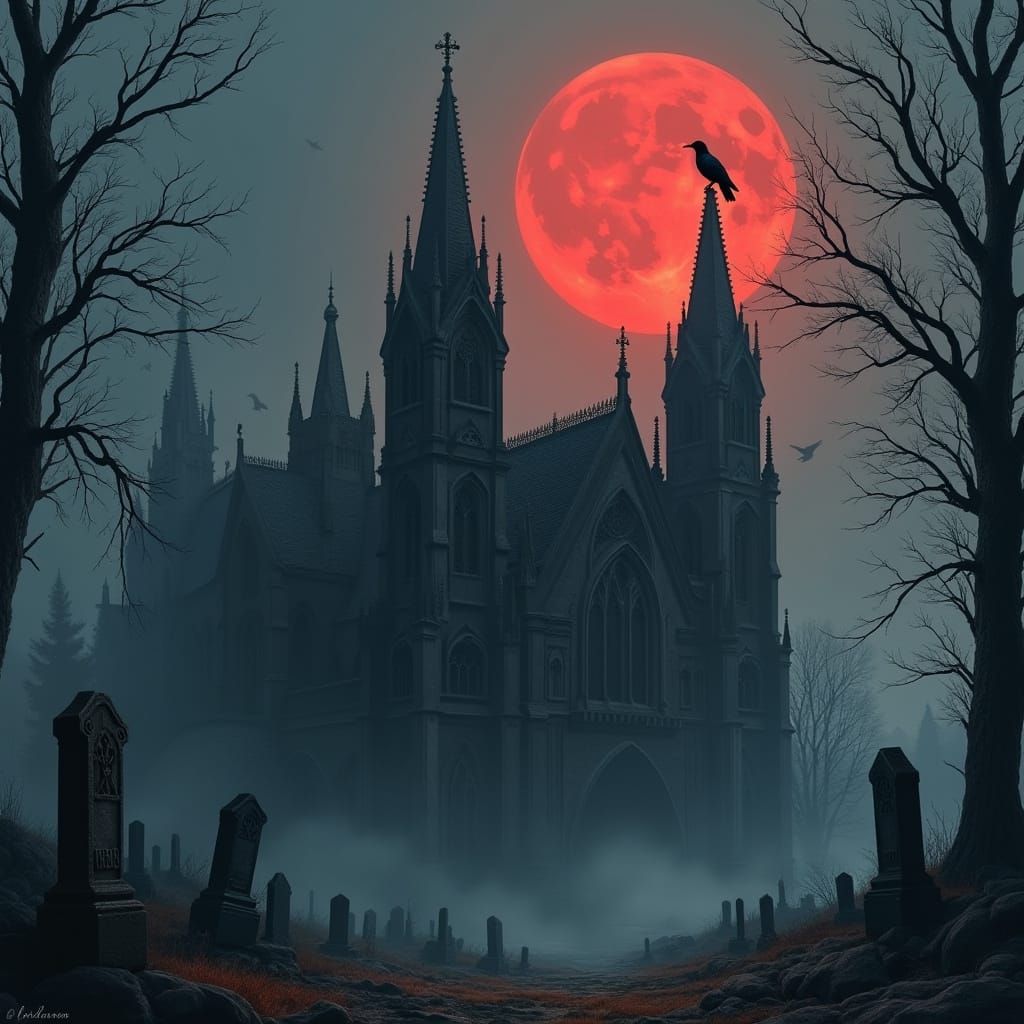 Raven on Gothic Cathedral in Dark Fantasy Style