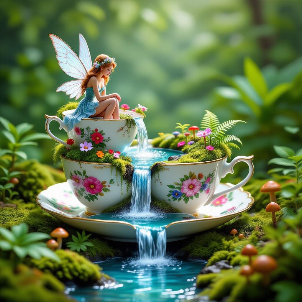 Fairy in Magical Garden with Dual Ecosystem Tea Cups