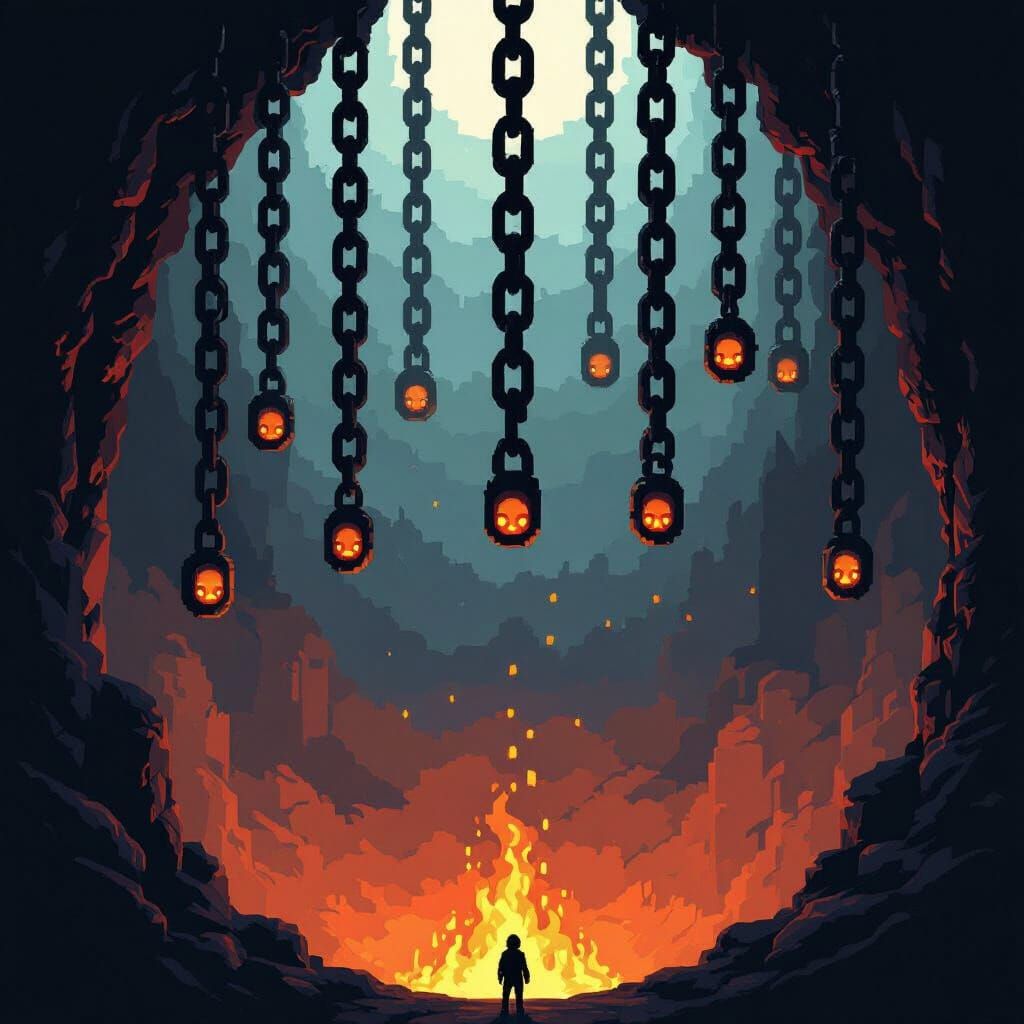 Pixel Art Cavern of Tormented Faces and Fiery Depths