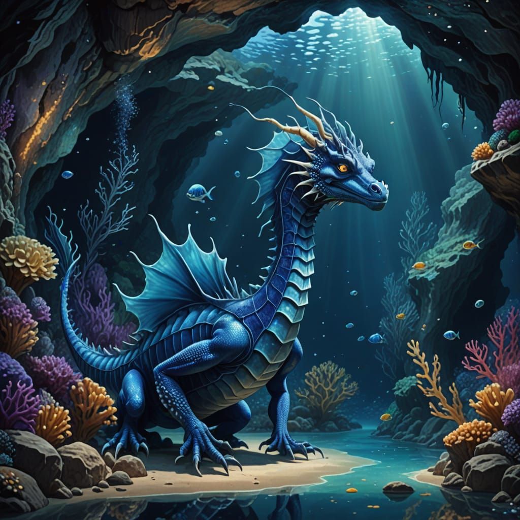 Mystical Indigo Sea Dragon in an Underwater Grotto
