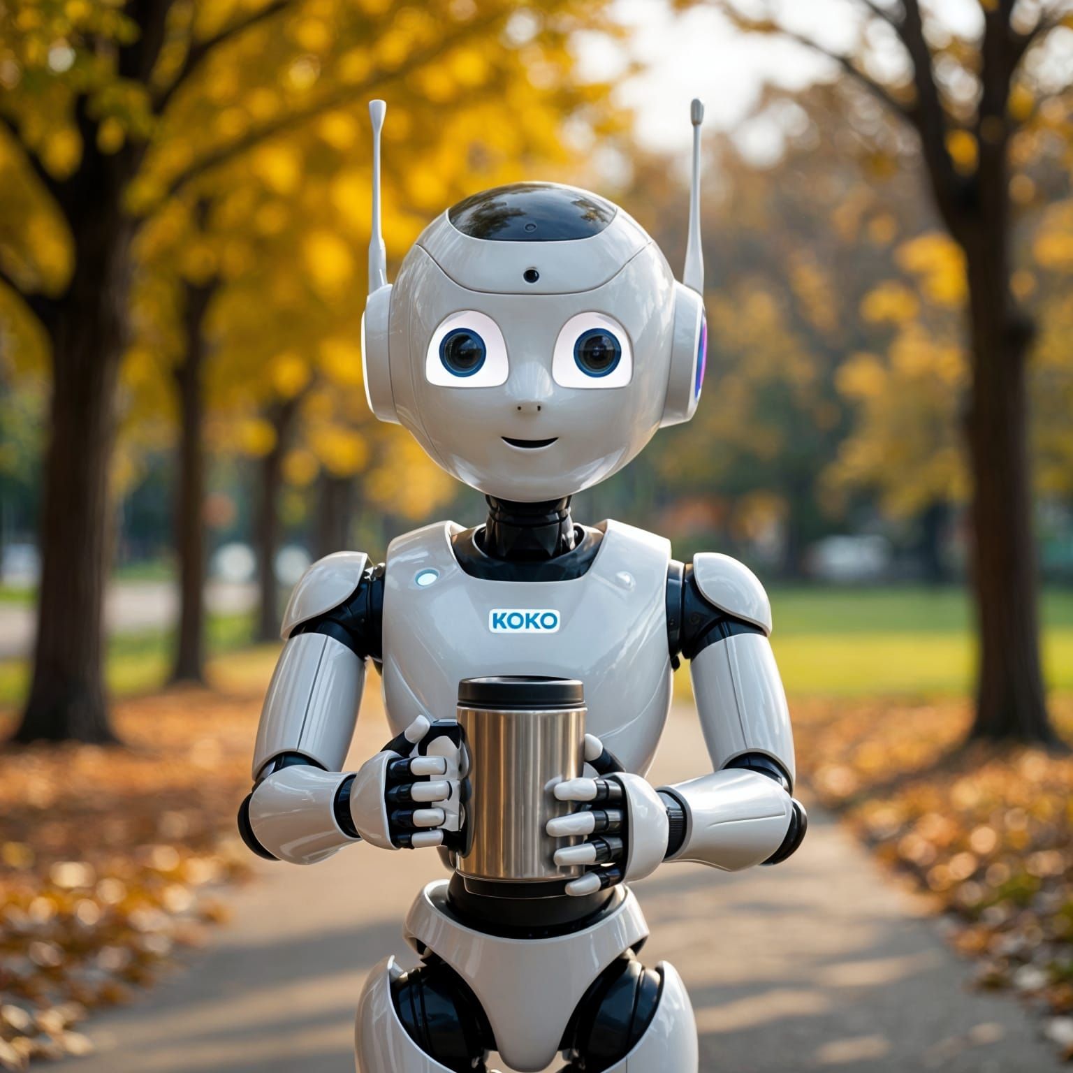KOKO Robot with CD Player Head Walks Through Seasonal Park