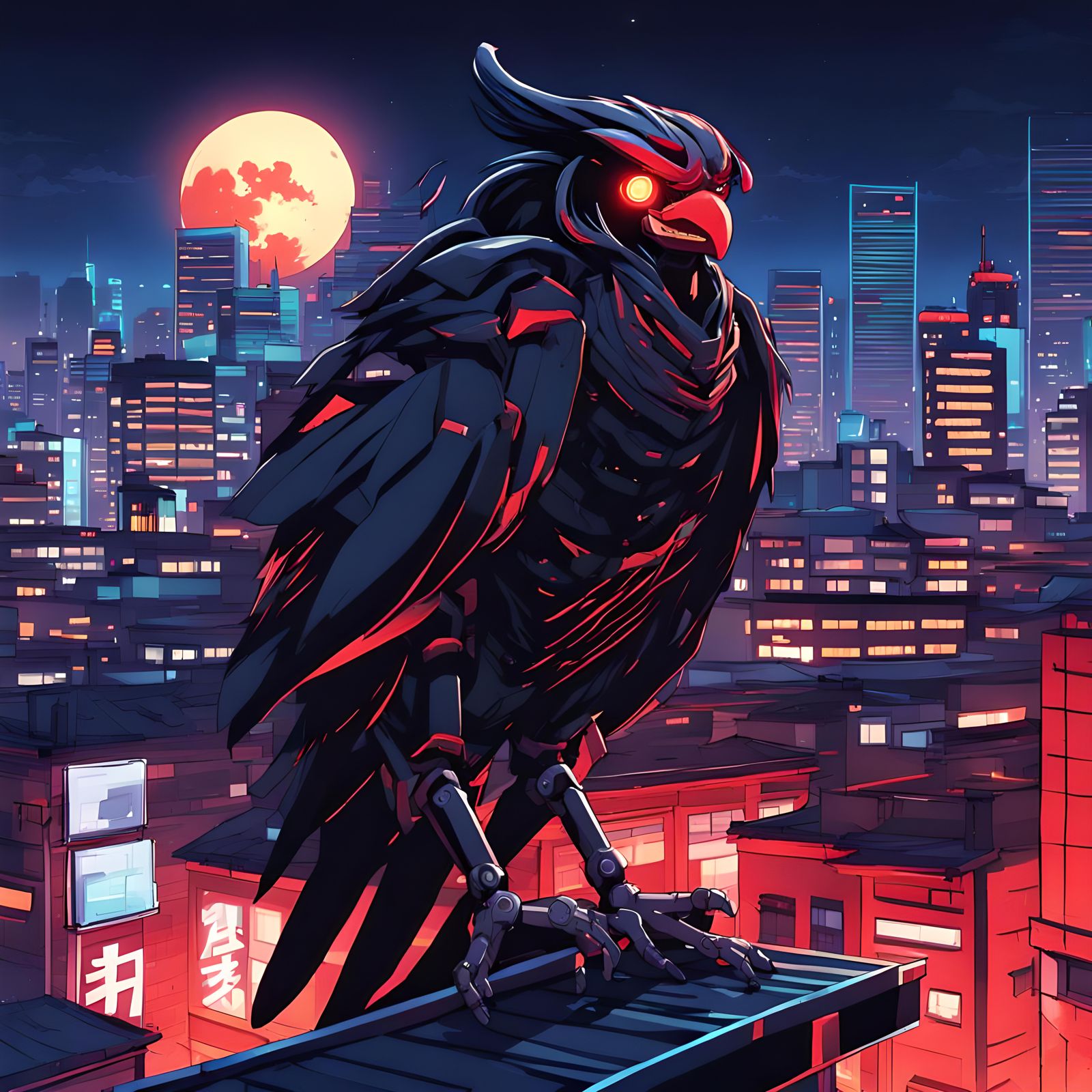 Black Tengu Robot in Anime Manga Style