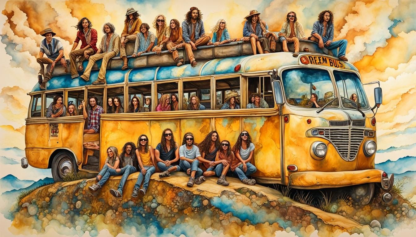 Hippie Bus at Woodstock in Surreal Alcohol Ink Style