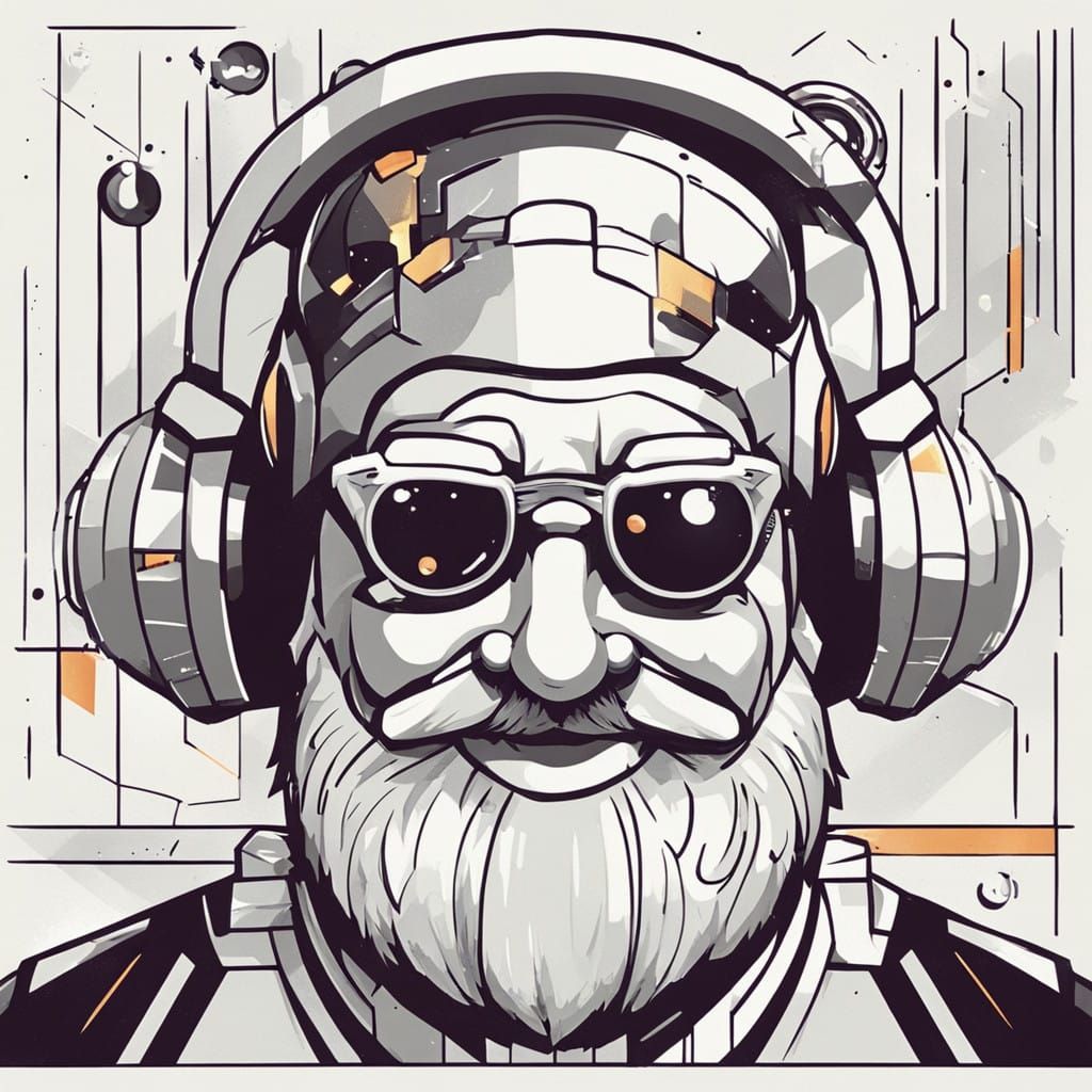 Cyborg Santa Claus Smirks with Glee in Black and White