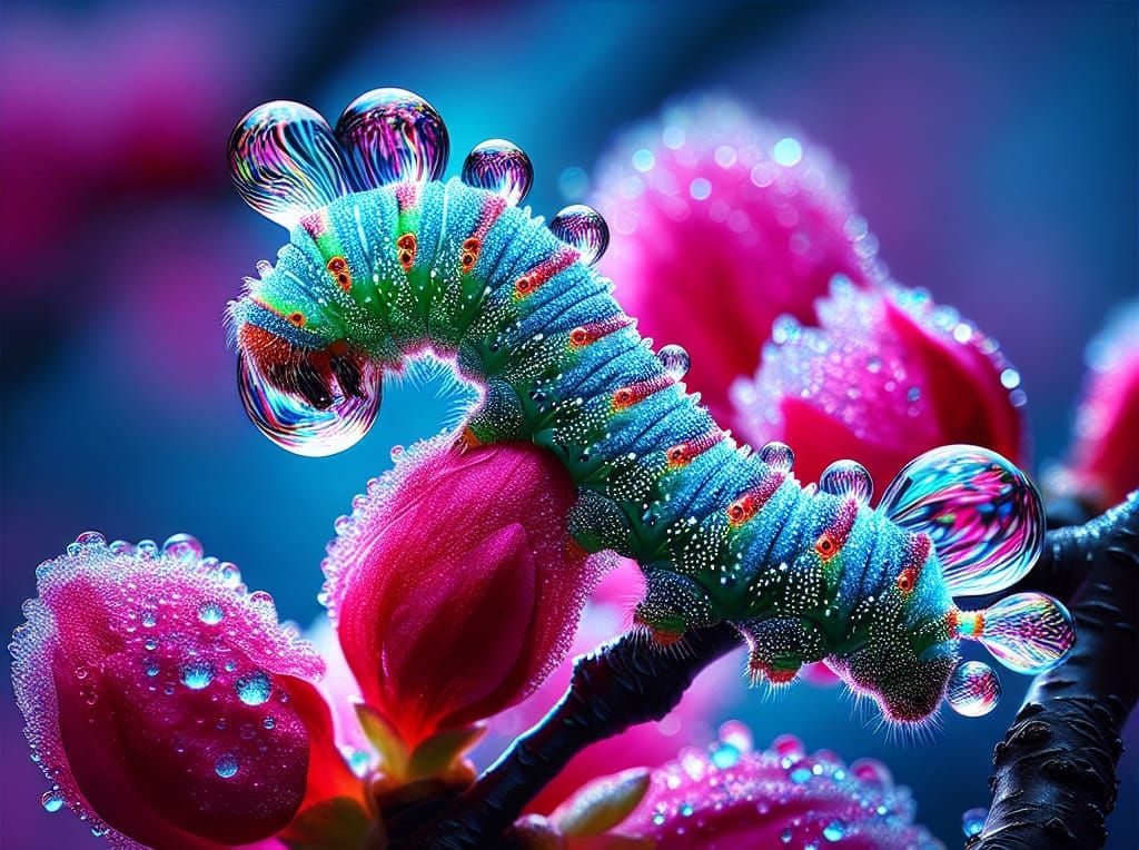 Crystalline Caterpillar on Glowing Cherry Blossom