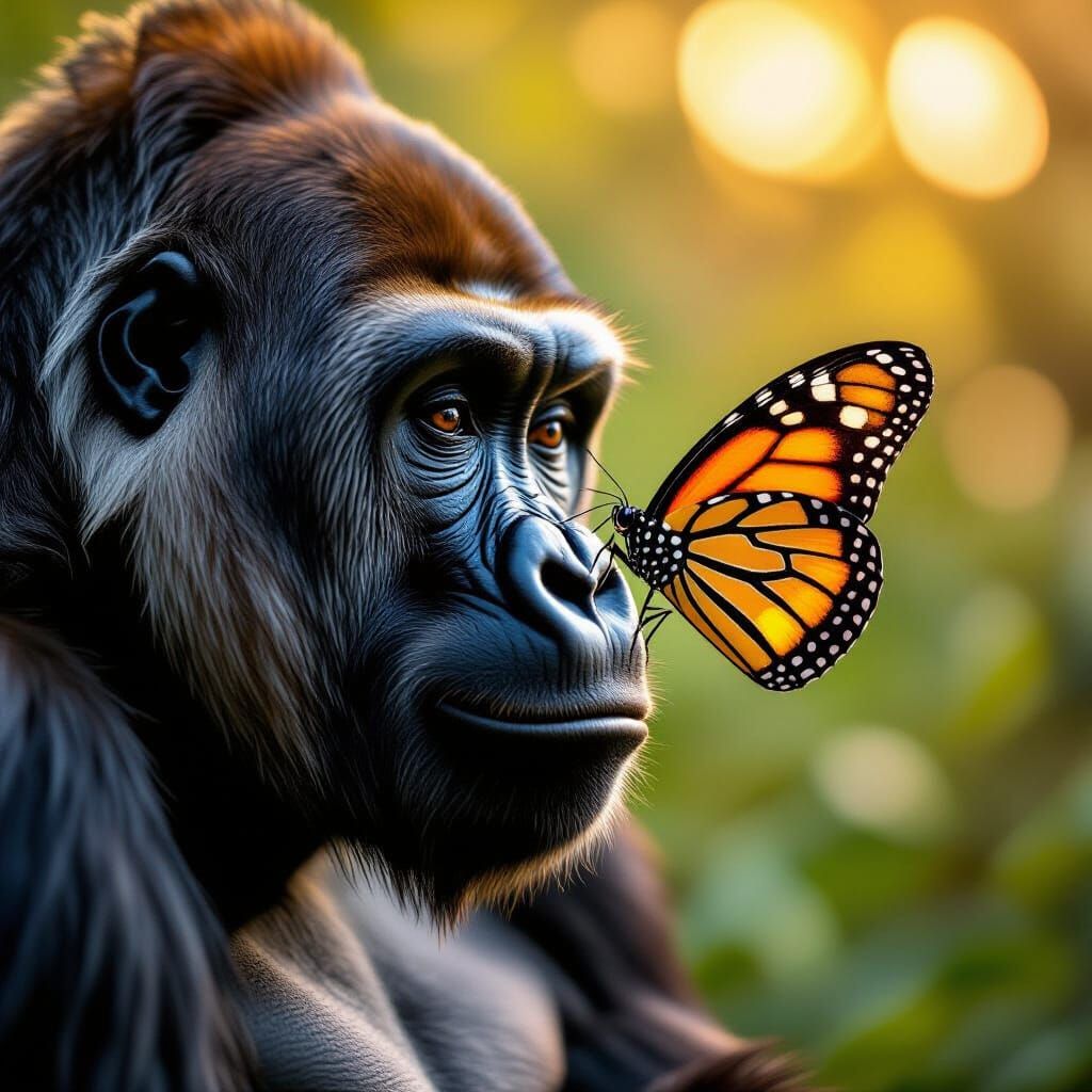 Tiny Butterfly on Gorilla Nose, Warm Golden Light