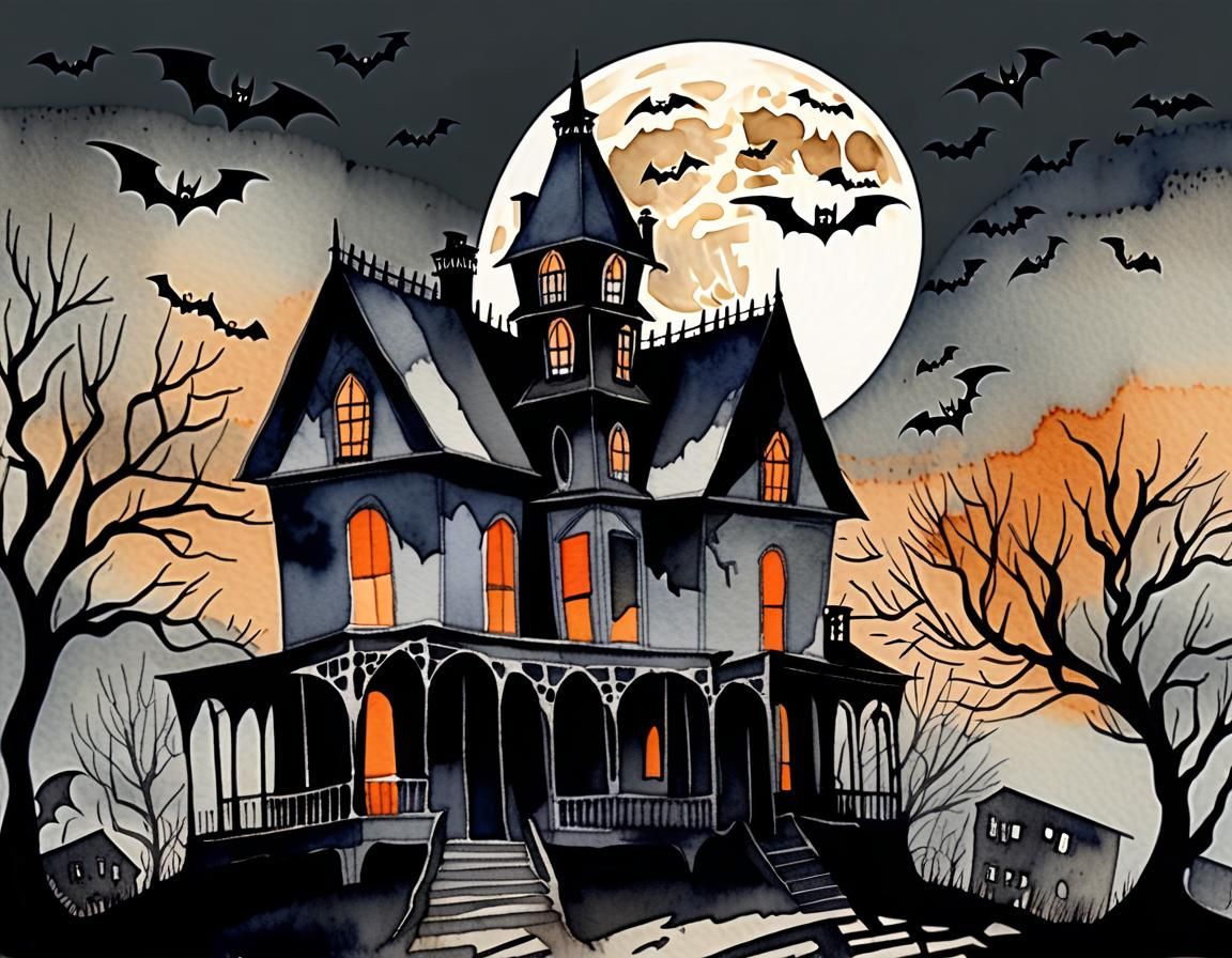 Gothic Watercolor House Under Full Moon