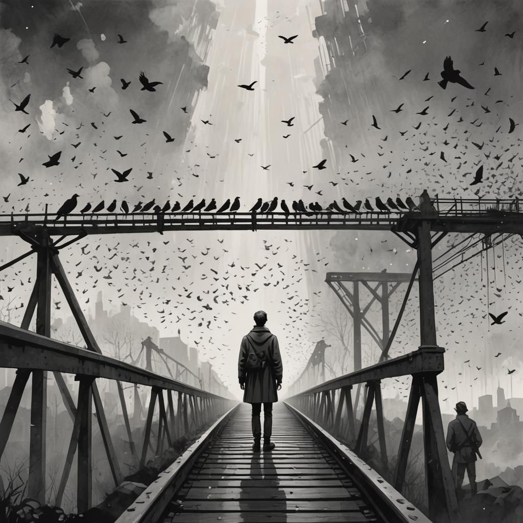 Man on Bridge: Surreal Monochrome Medieval Illustration
