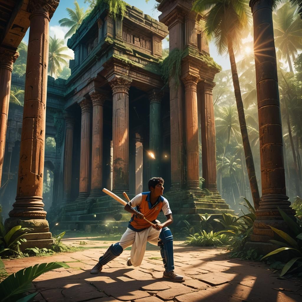 Sri Lankan Boy Plays Cricket in Tropical Ruins