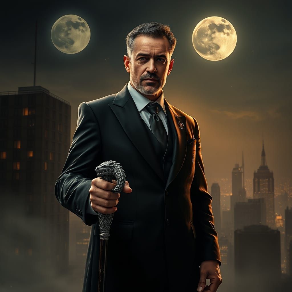 Arcane Man in Cityscape, Hyper-Realistic Style