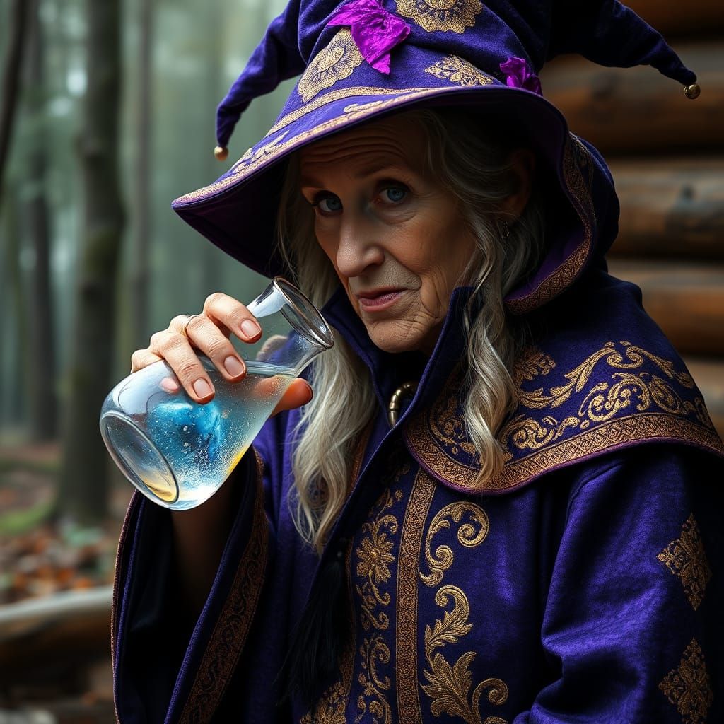 Old Witch Drinking Magic Potion in Forest Cabin