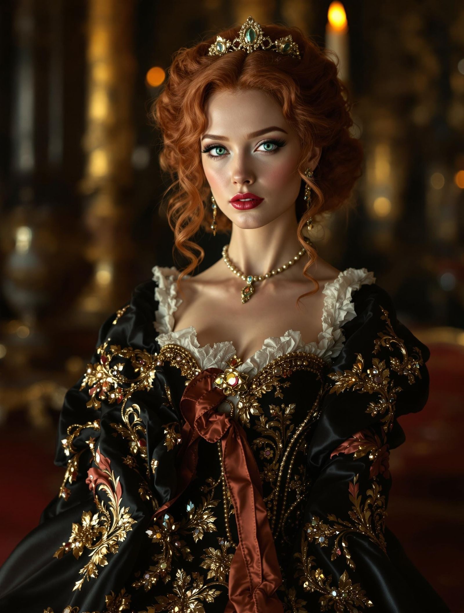 Redhead in Opulent 1700s Dress, Rembrandt Lighting