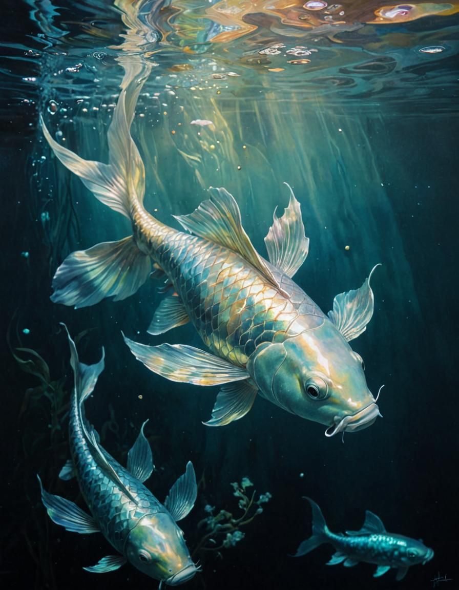 Iridescent Koi Fish Swimming Underwater in Biopunk Style