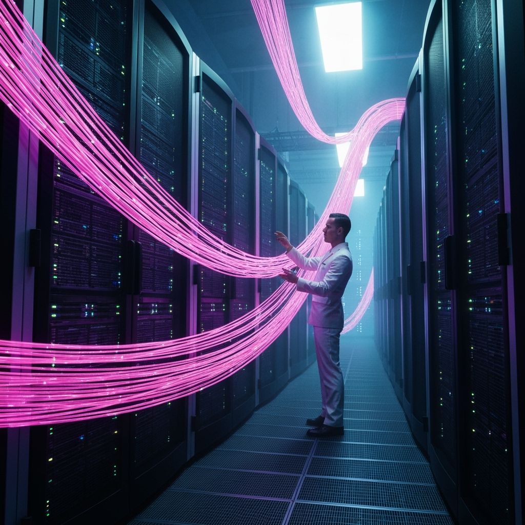 Technician Inspects Glowing Fiber Optics in Futuristic Serve...