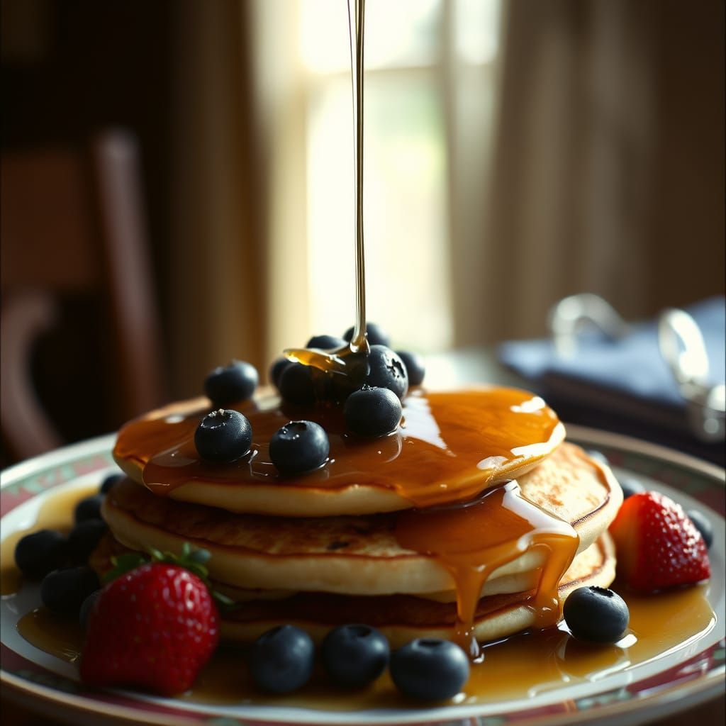 Syrup-Drenched Strawberry Pancakes in Warm Morning Light