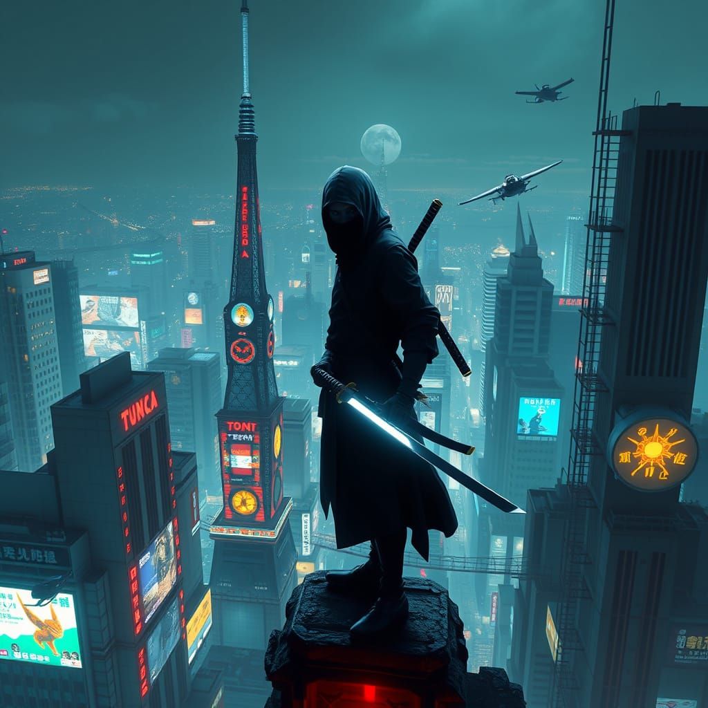 Ninja in Futuristic Tokyo, Gazing Down Upon Neon-Lit Streets...