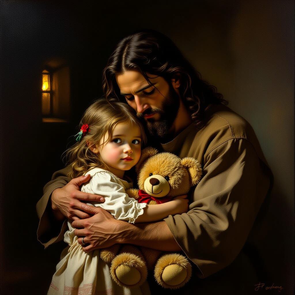 Jesus Comforts a Child in Dimly Lit Orphanage