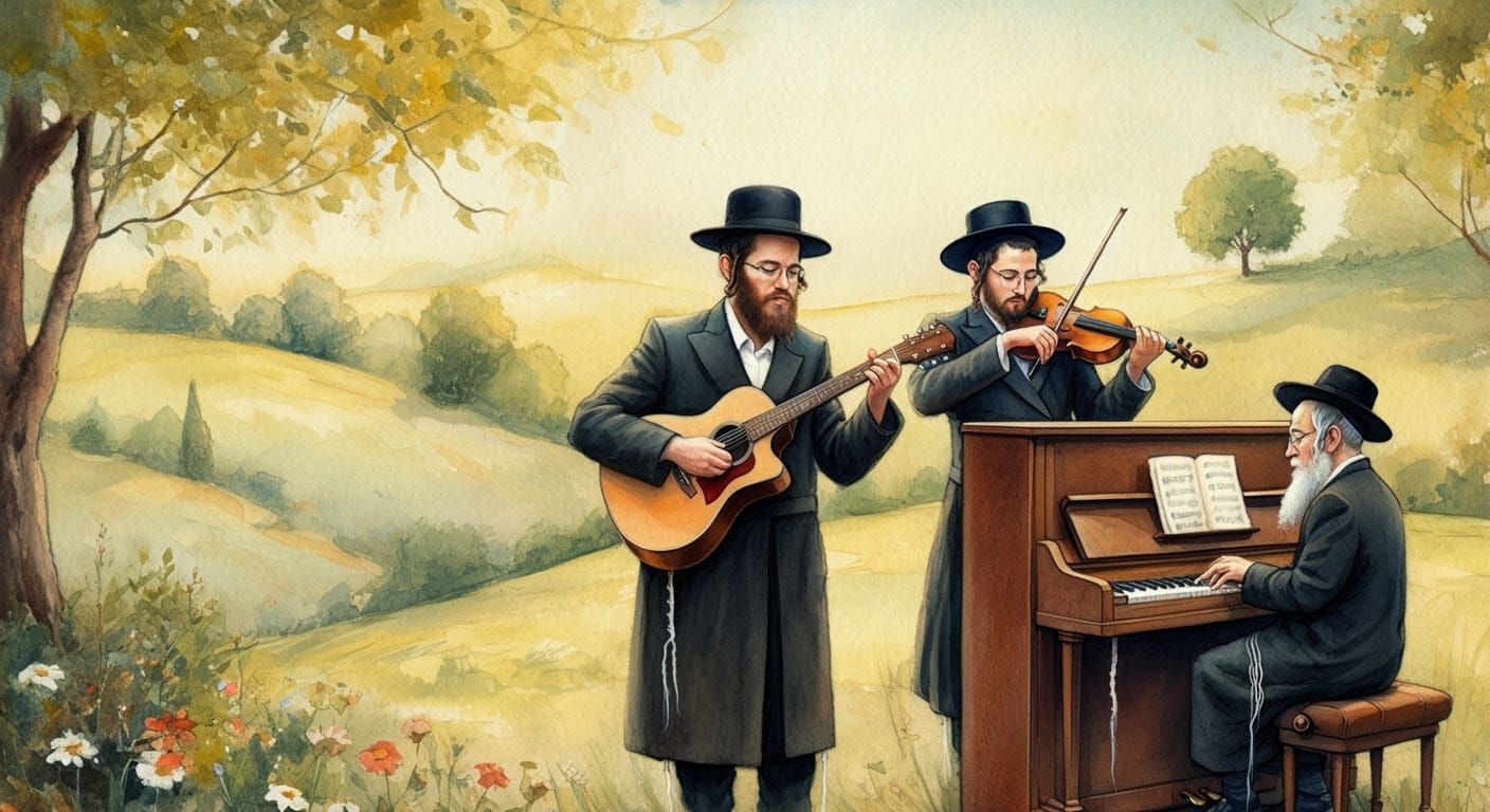 Hasidic Musicians in Watercolor Landscape