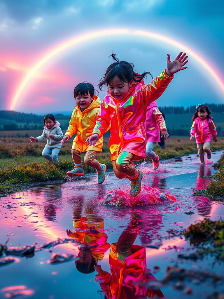 Children's Joyful Dance in Rainbow Rain