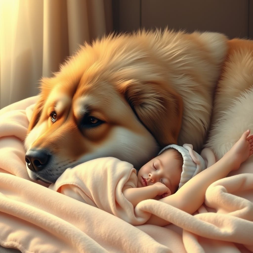 Gentle Giant Watches Over Baby Girl in Warm, Cozy Scene