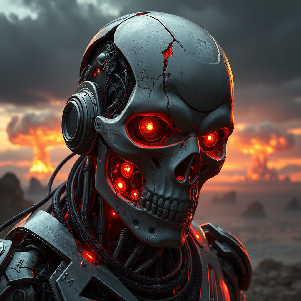 Damaged Cyborg Assassin in Dystopian Landscape