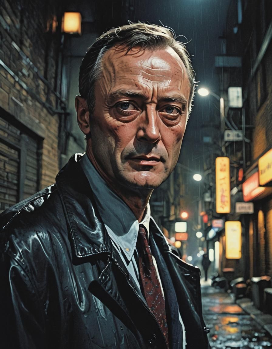 Gritty Noir Portrait of Edward Woodward as Robert McCall
