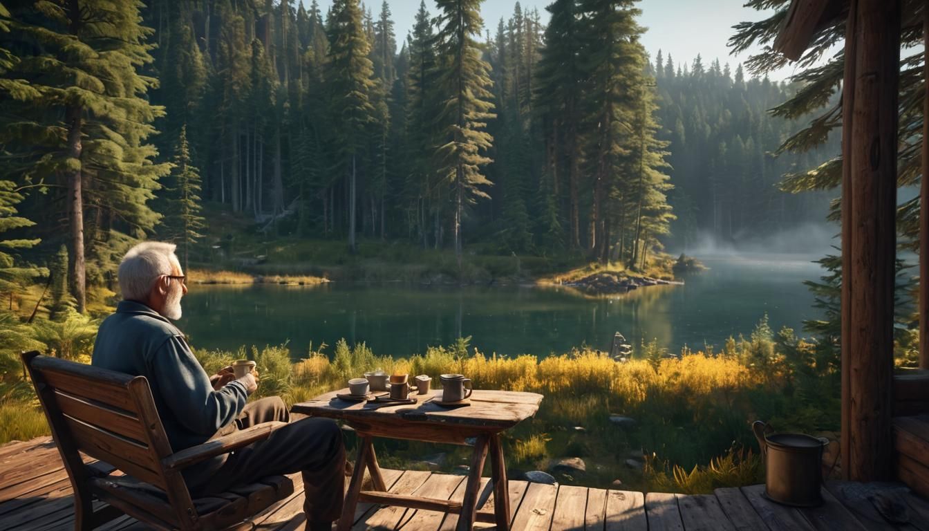 Cabin Porch Scene with Old Man and Coffee