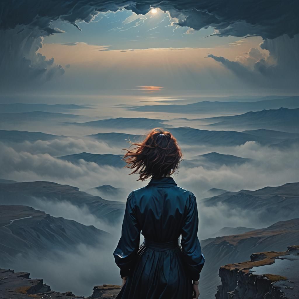 Woman Gazing at Dreamlike Landscape in Ethereal Style