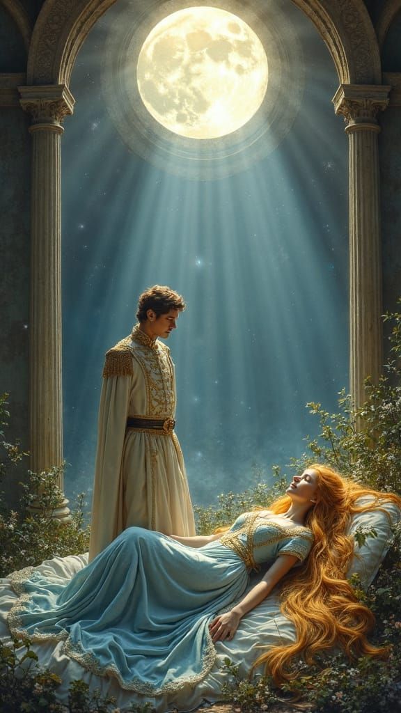 Prince Enthralled by Princess Under Silvery Moonlight