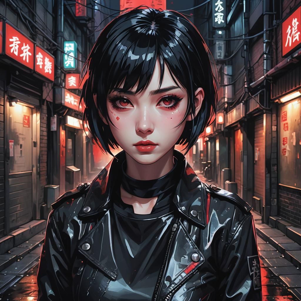 Japanese Goth Girl in Dimly Lit Alleyway