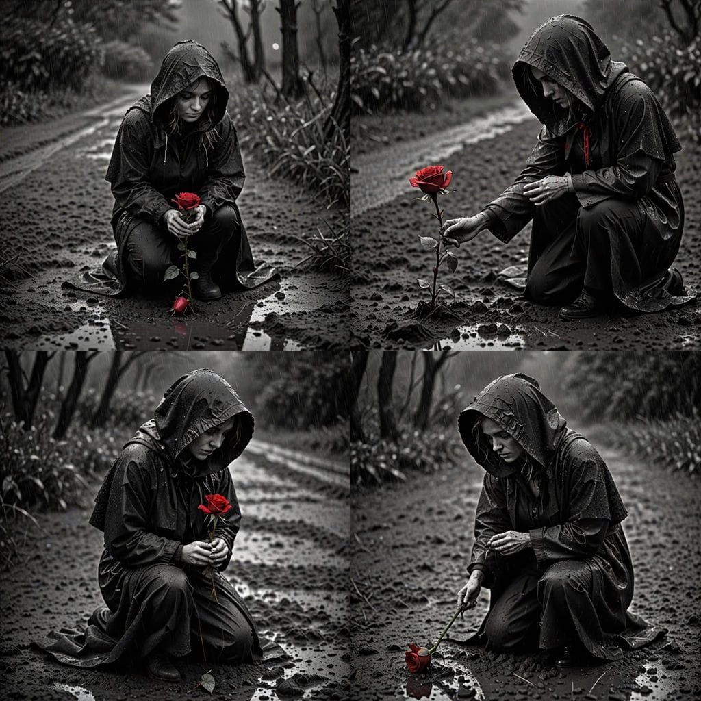 Mysterious Figure in Monochromatic Rainy Landscape