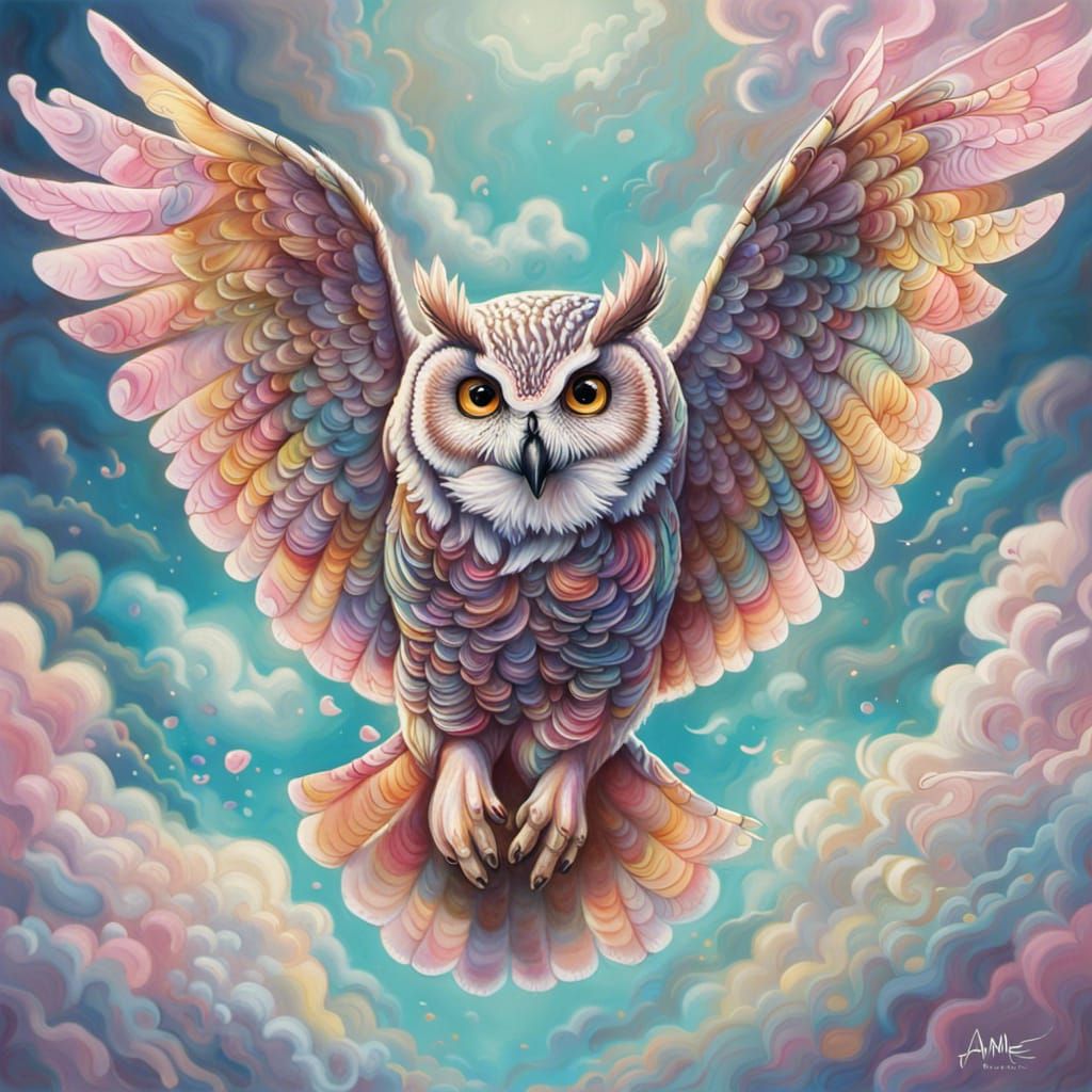 Pastel Owl in Flight: Colorful Manga Graffiti Art