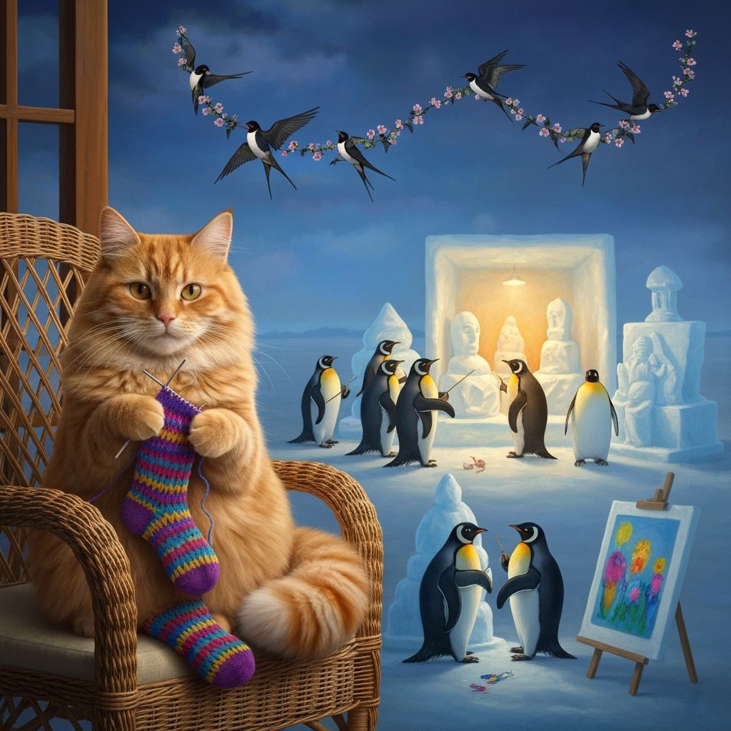 Ginger Cat Knits Socks Amidst Penguin Art & Sky Wreath